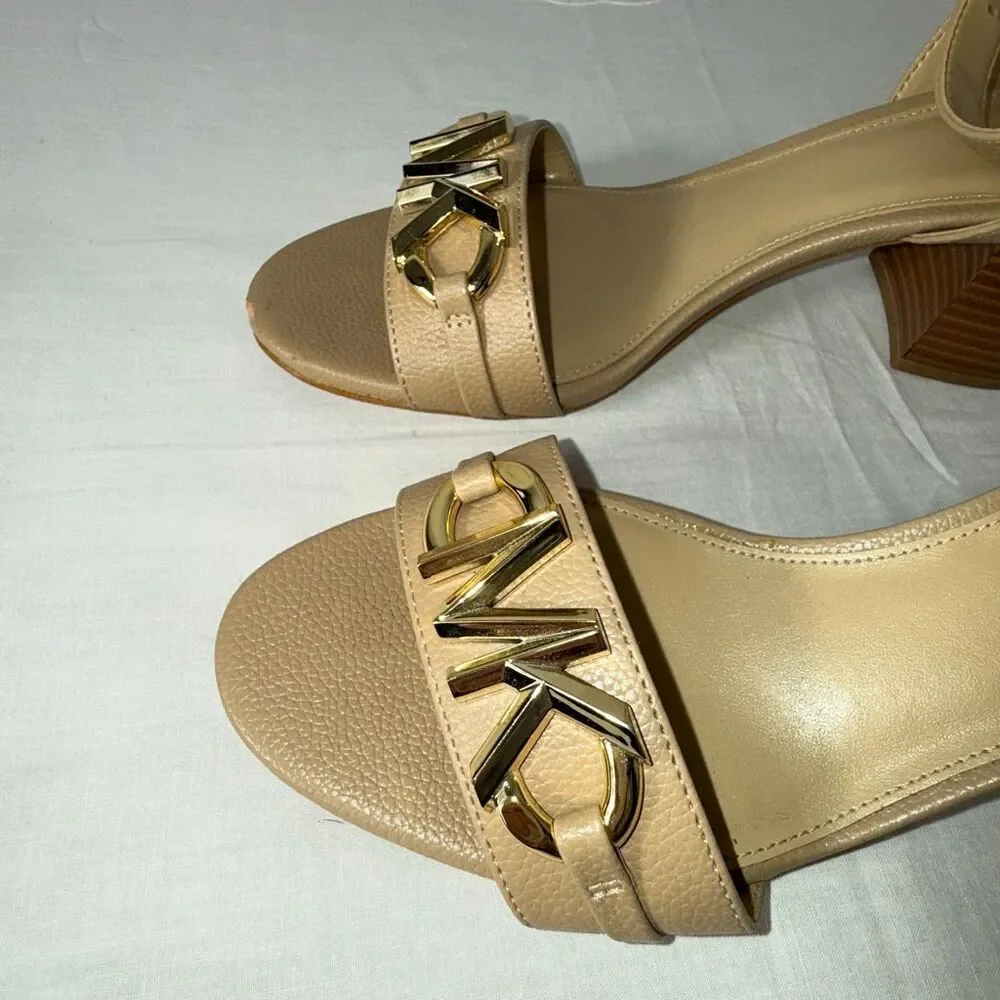 Michael Kors Women’s Nude Pebbled Leather Block Heel Sandals Gold MK Accent 3” H